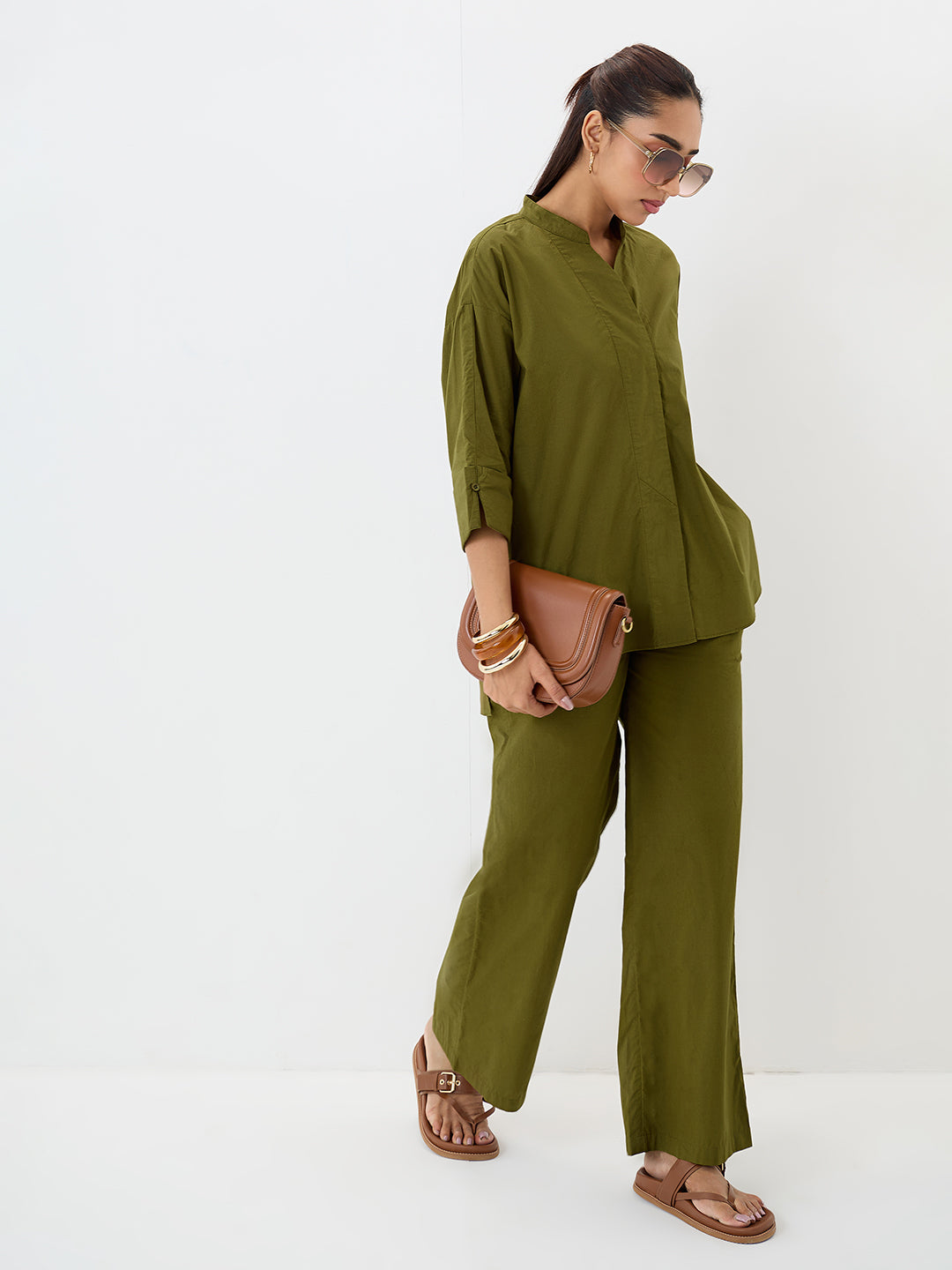 Olive Poplin Longline Shirt And Pants Co-Ord