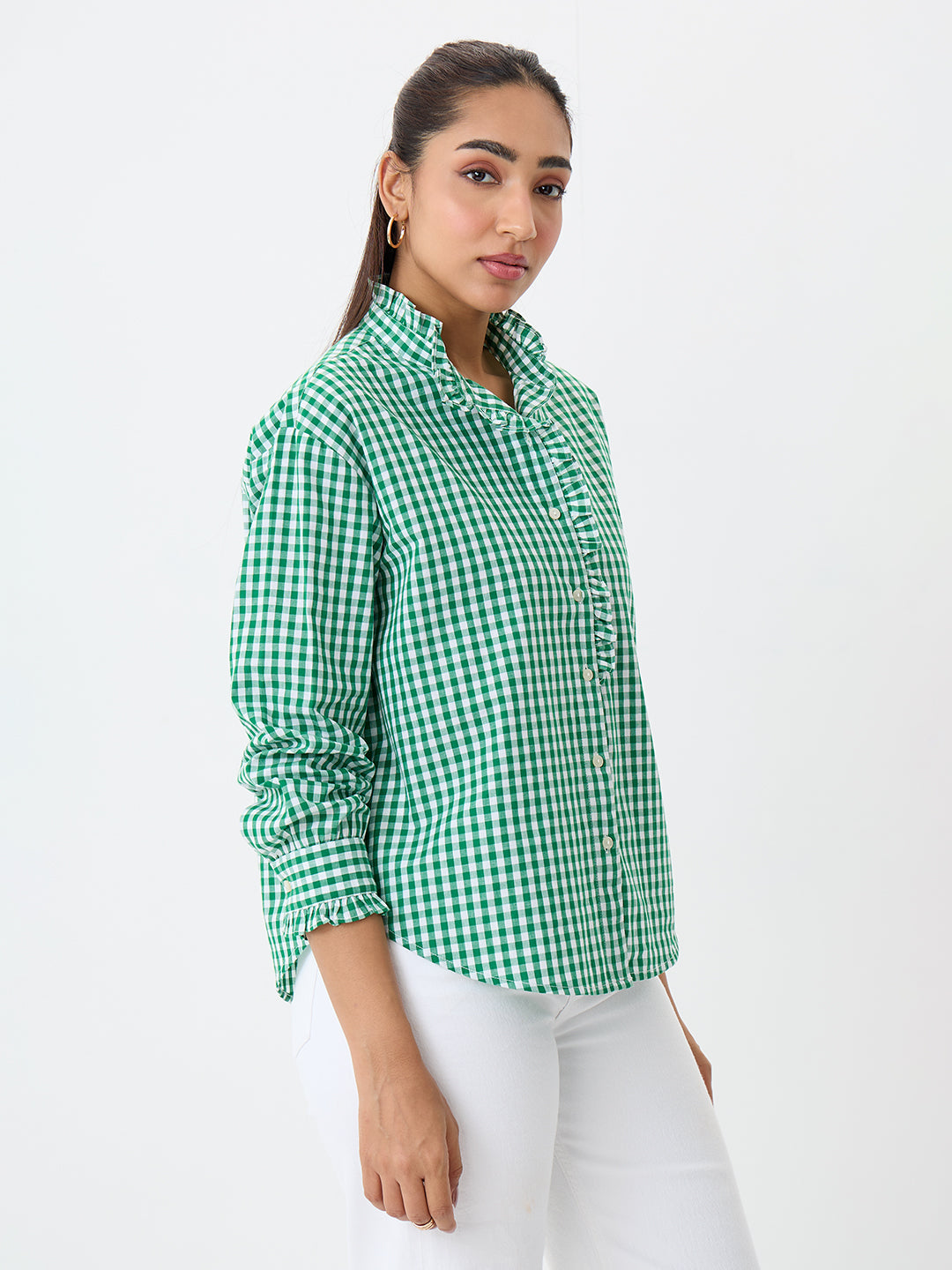 Green Gingham Frill Detail Shirt