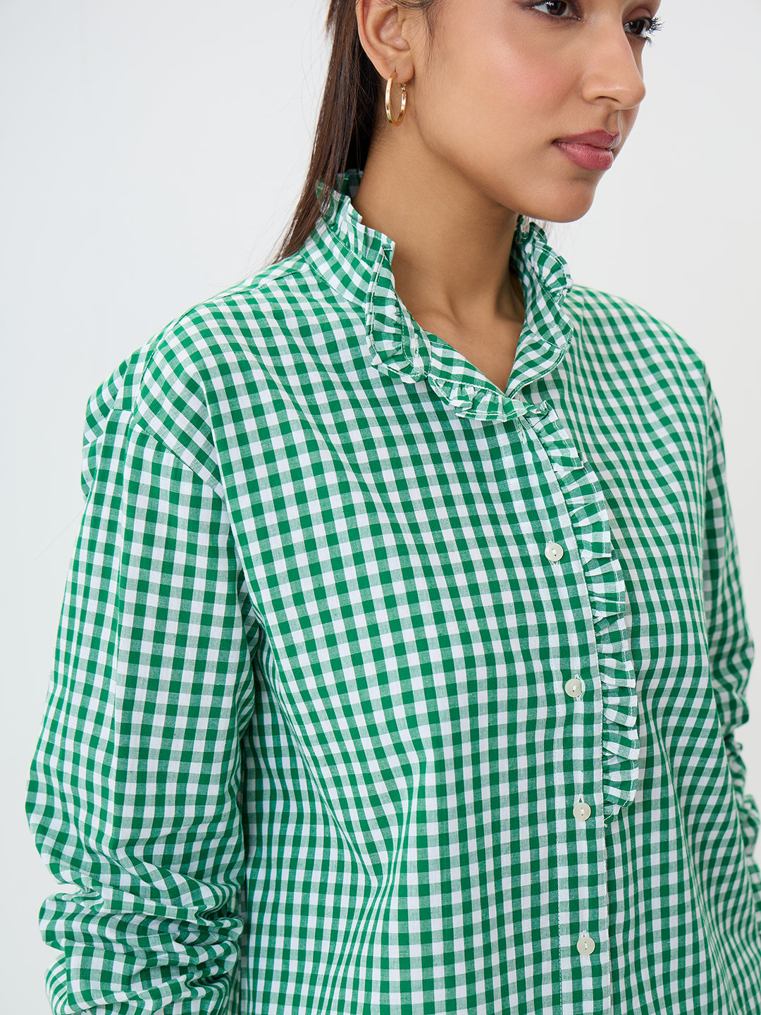 Green Gingham Frill Detail Shirt