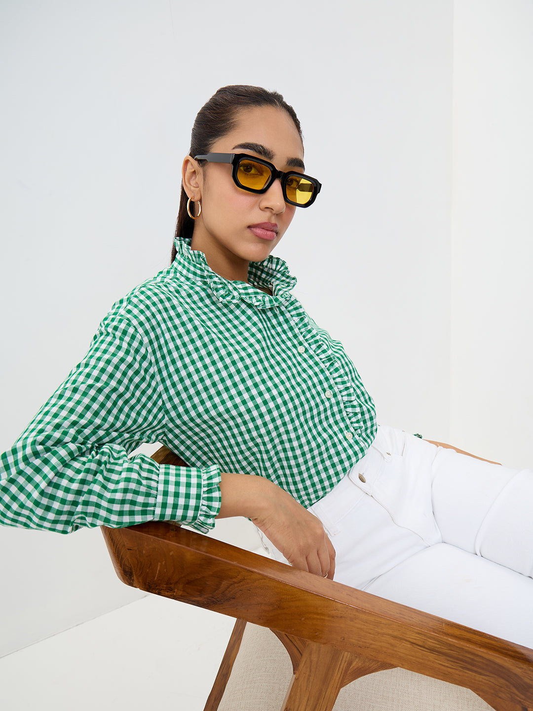 Green Gingham Frill Detail Shirt