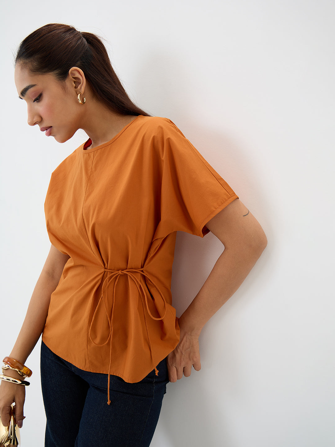 PaperLite Poplin Rust Side Tie-Up Top