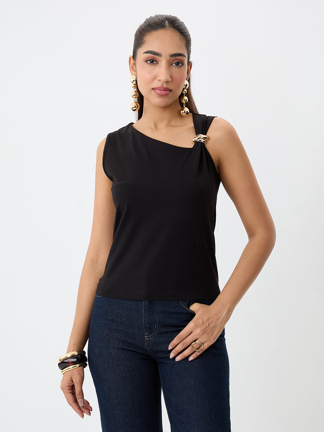 TrueStretch Black Asymmetric Neck Top