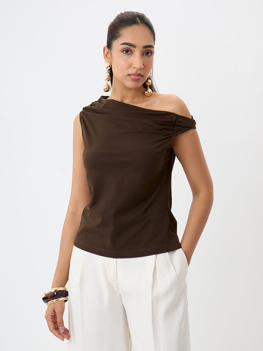 TrueStretch Brown One Shoulder Top