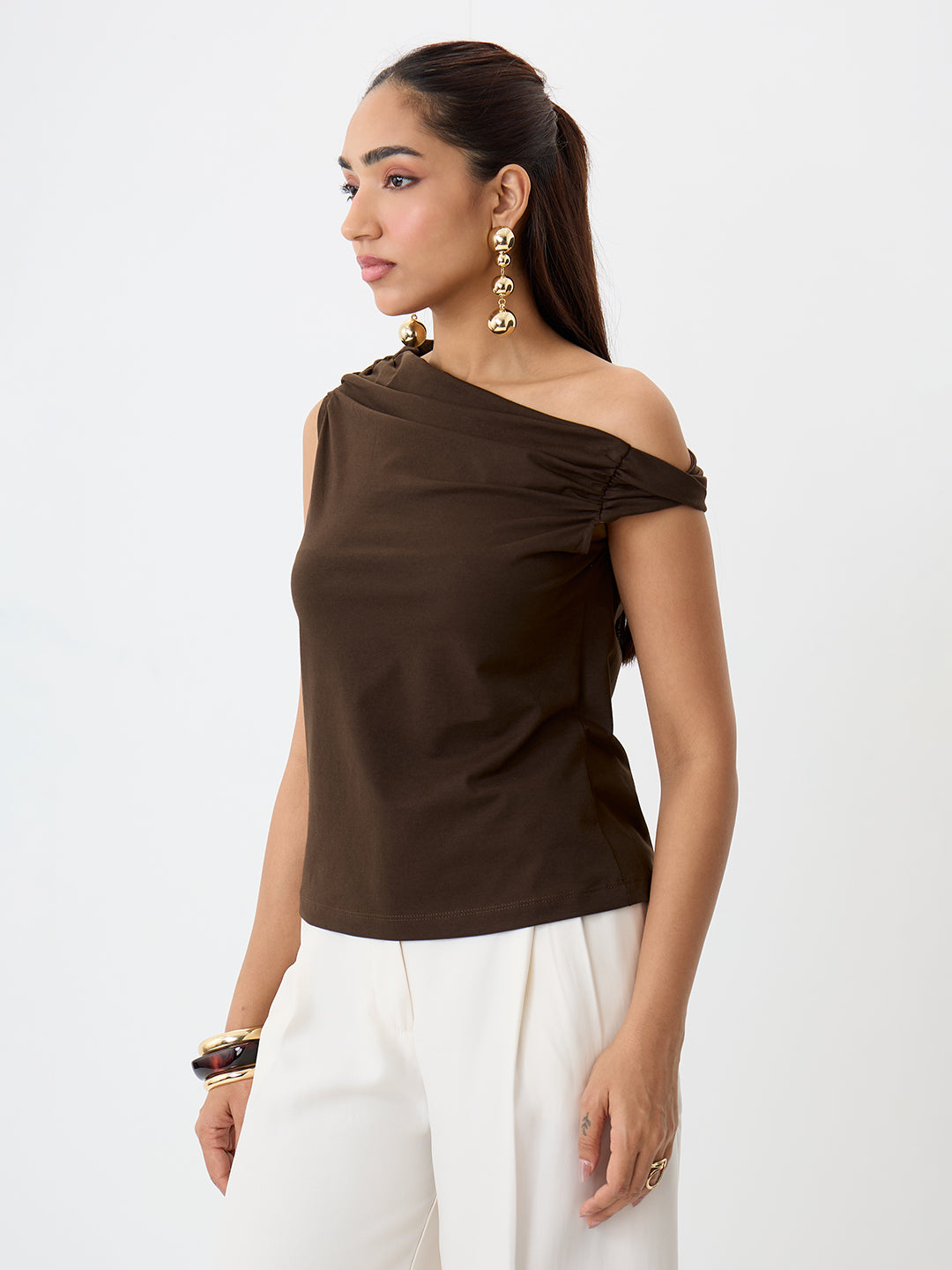 TrueStretch Brown One Shoulder Top