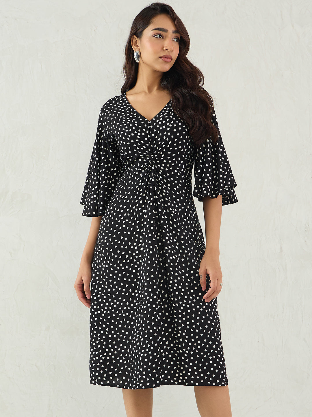 Black Polka Front Knotted Midi Dress