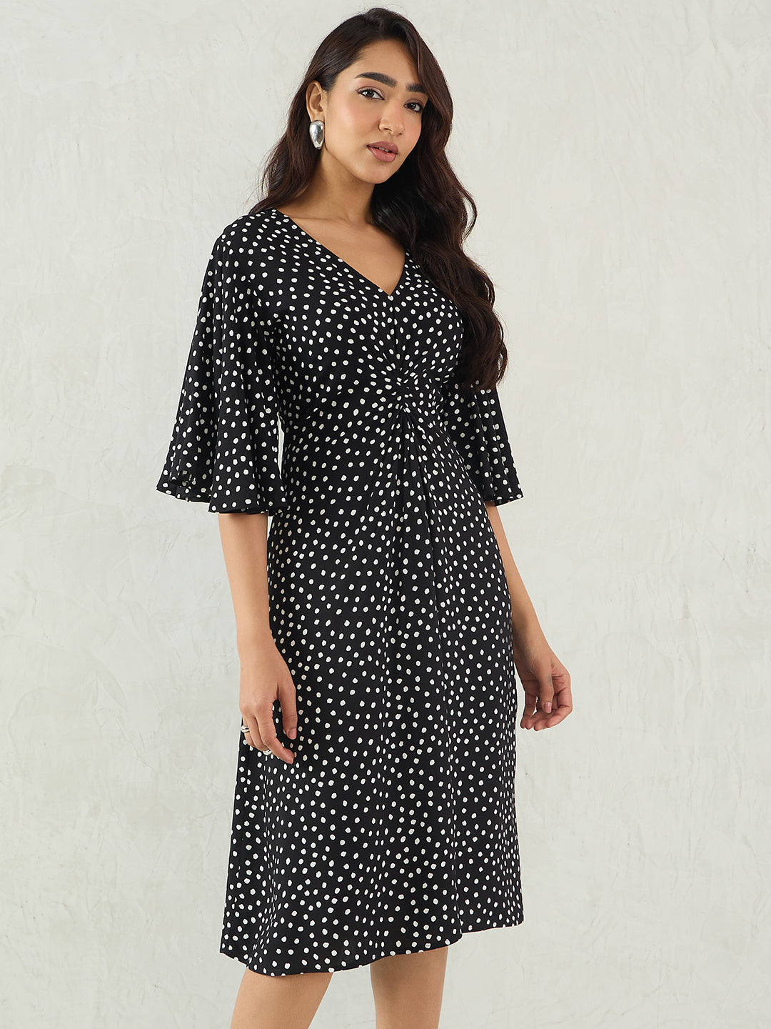 Black Polka Front Knotted Midi Dress