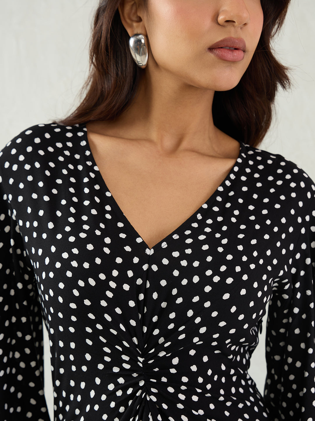 Black Polka Front Knotted Midi Dress
