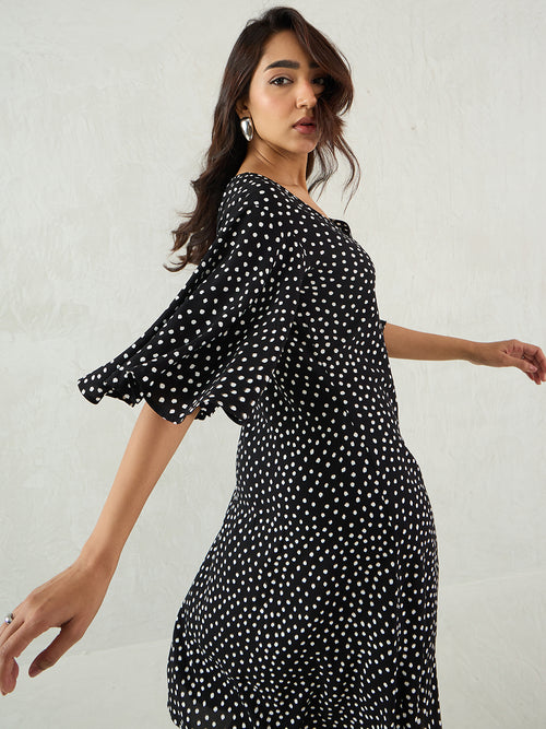 Black Polka Front Knotted Midi Dress