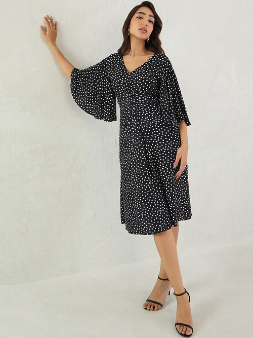 Black Polka Front Knotted Midi Dress