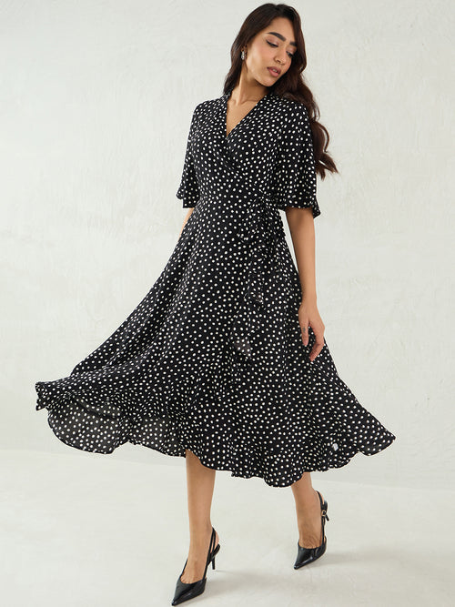 Black Polka Wrap Midi Dress