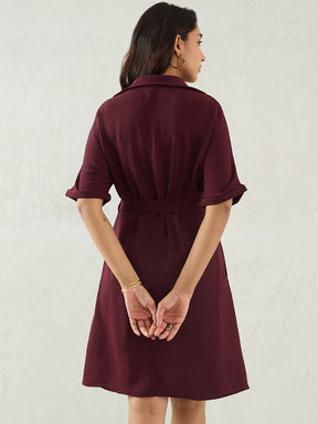 Wine Button Down Knee Length Dress