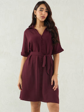 Wine Button Down Knee Length Dress