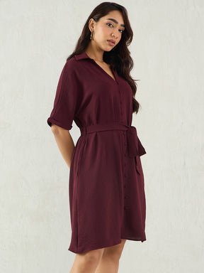 Wine Button Down Knee Length Dress