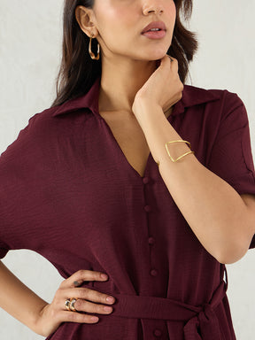 Wine Button Down Knee Length Dress