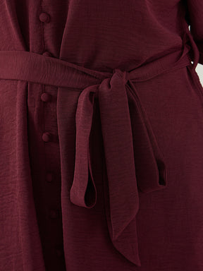 Wine Button Down Knee Length Dress