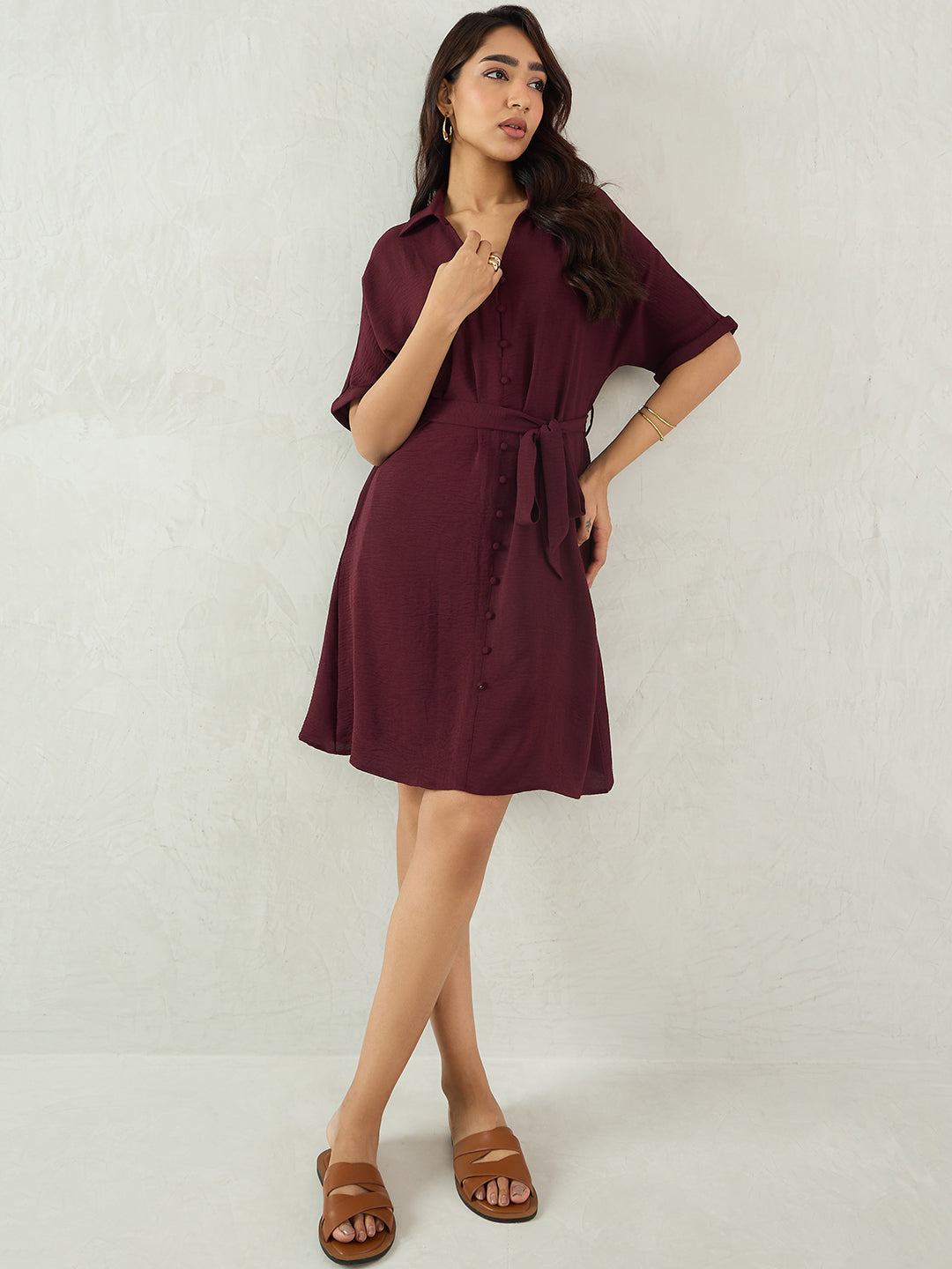 Wine Button Down Knee Length Dress