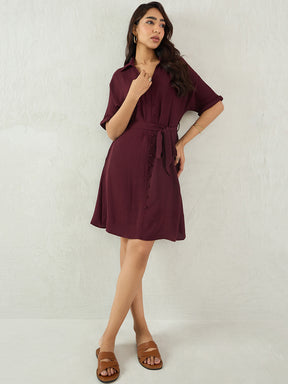 Wine Button Down Knee Length Dress