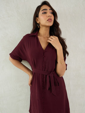 Wine Button Down Knee Length Dress