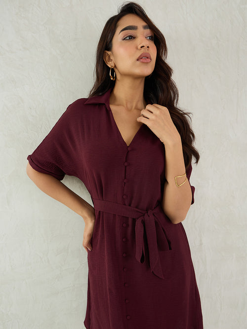 Wine Button Down Knee Length Dress