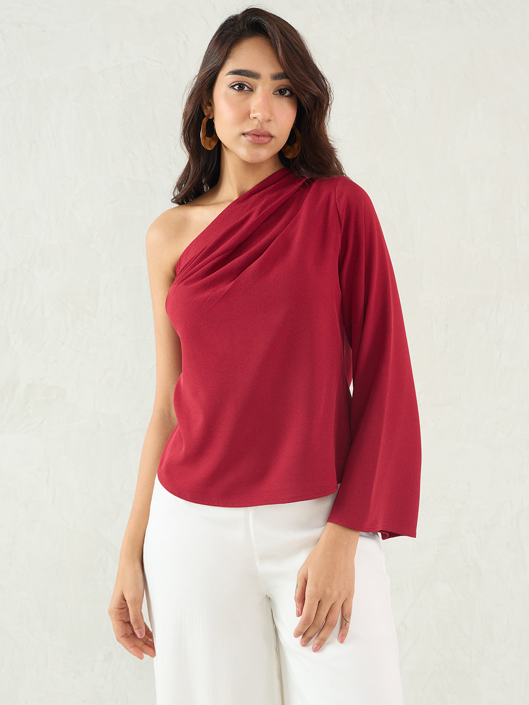 Maroon One Shoulder Bell Sleeve Top