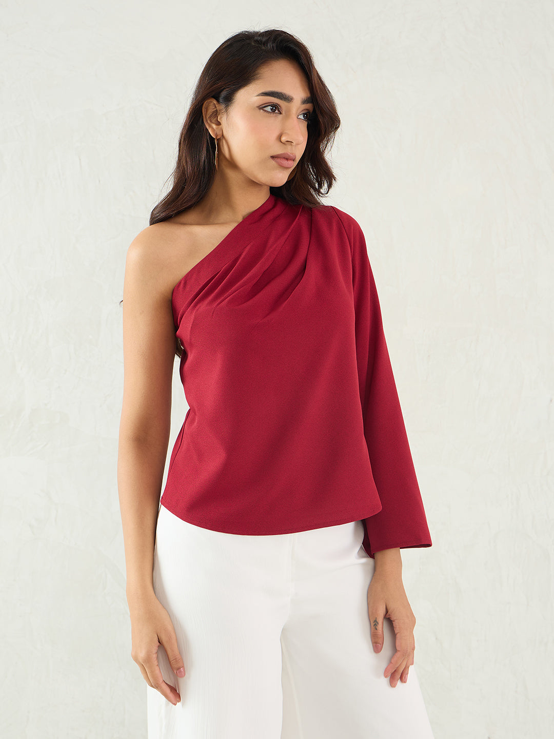 Maroon One Shoulder Bell Sleeve Top