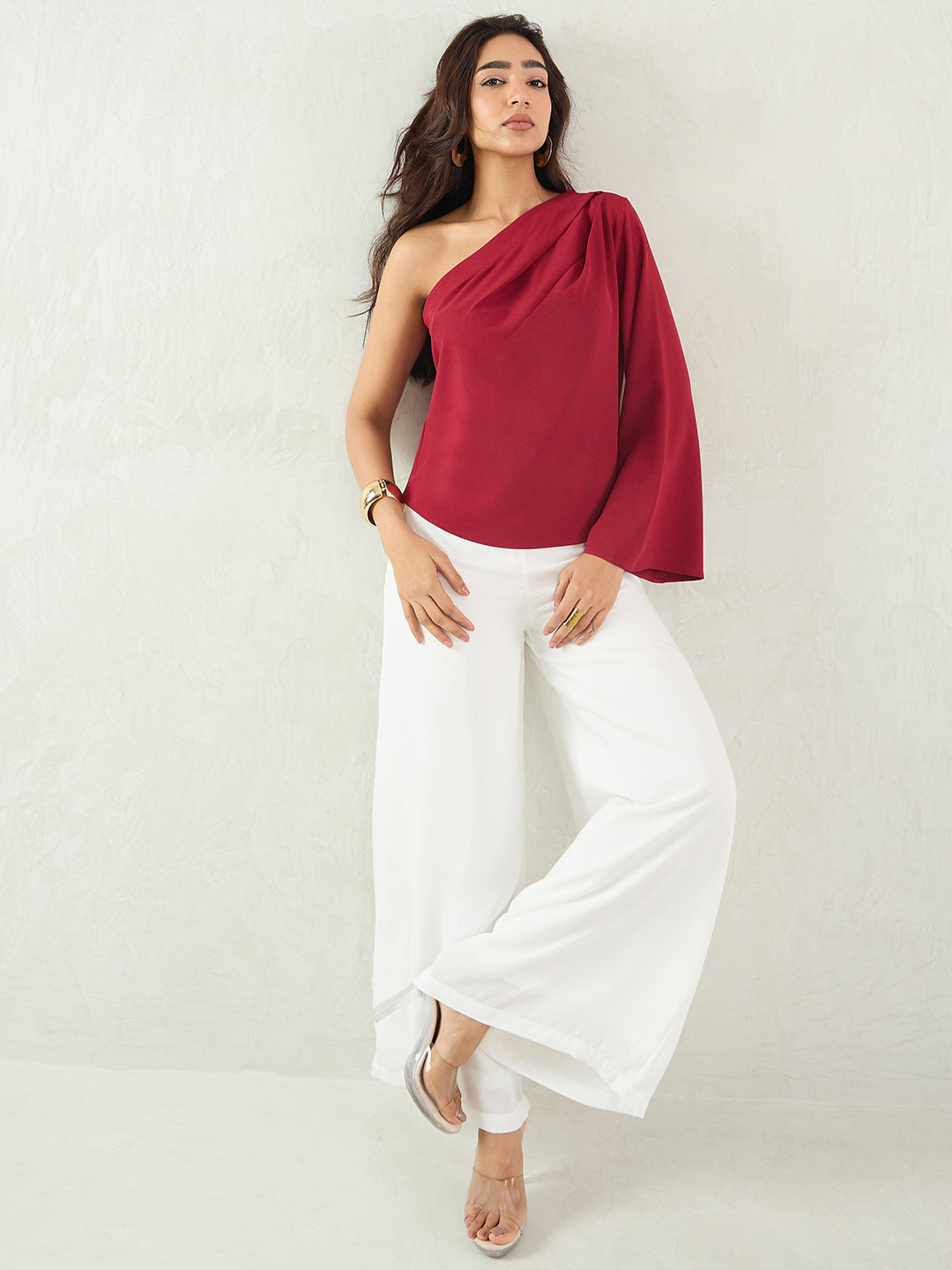 Maroon One Shoulder Bell Sleeve Top