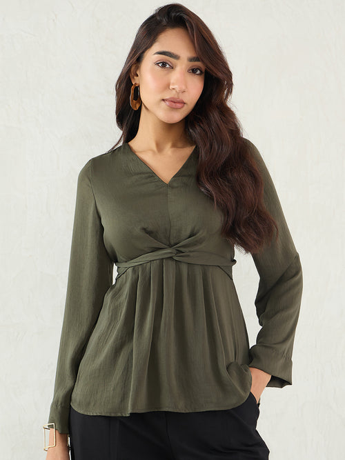Olive Front Twist Detail Satin Top
