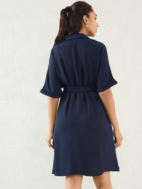 Navy Button Down Knee Length Dress