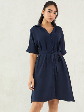Navy Button Down Knee Length Dress