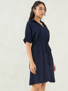 Navy Button Down Knee Length Dress