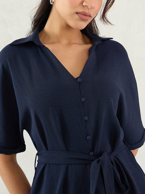 Navy Button Down Knee Length Dress