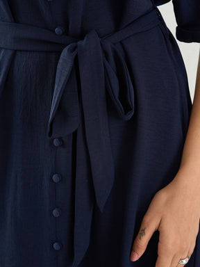 Navy Button Down Knee Length Dress