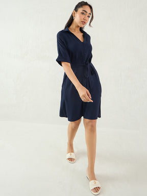 Navy Button Down Knee Length Dress