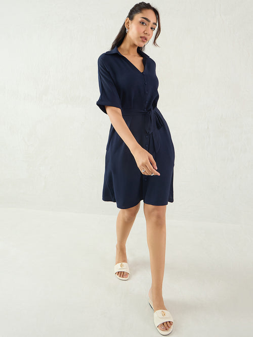 Navy Button Down Knee Length Dress
