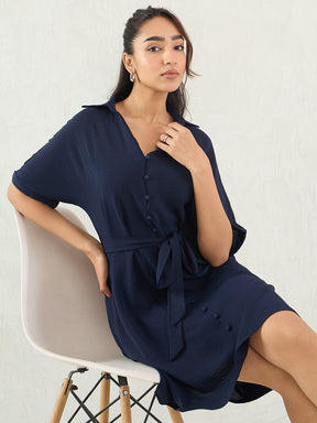 Navy Button Down Knee Length Dress