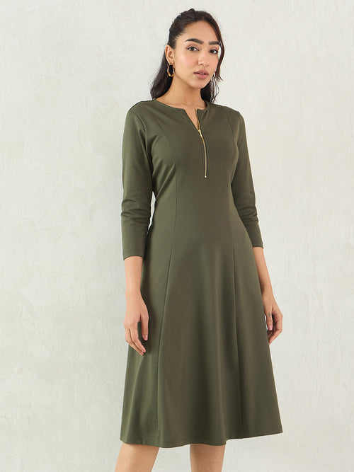 Olive Half Zip Travel Midi Dress