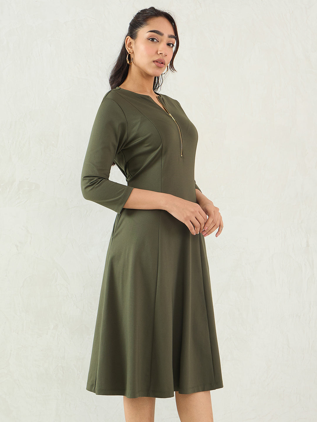 Olive Half Zip Travel Midi Dress