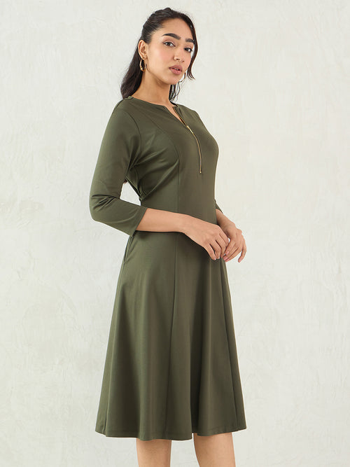Olive Half Zip Travel Midi Dress