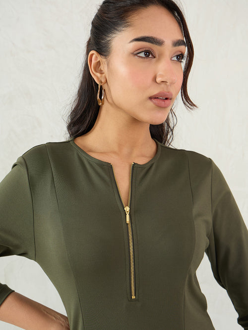 Olive Half Zip Travel Midi Dress