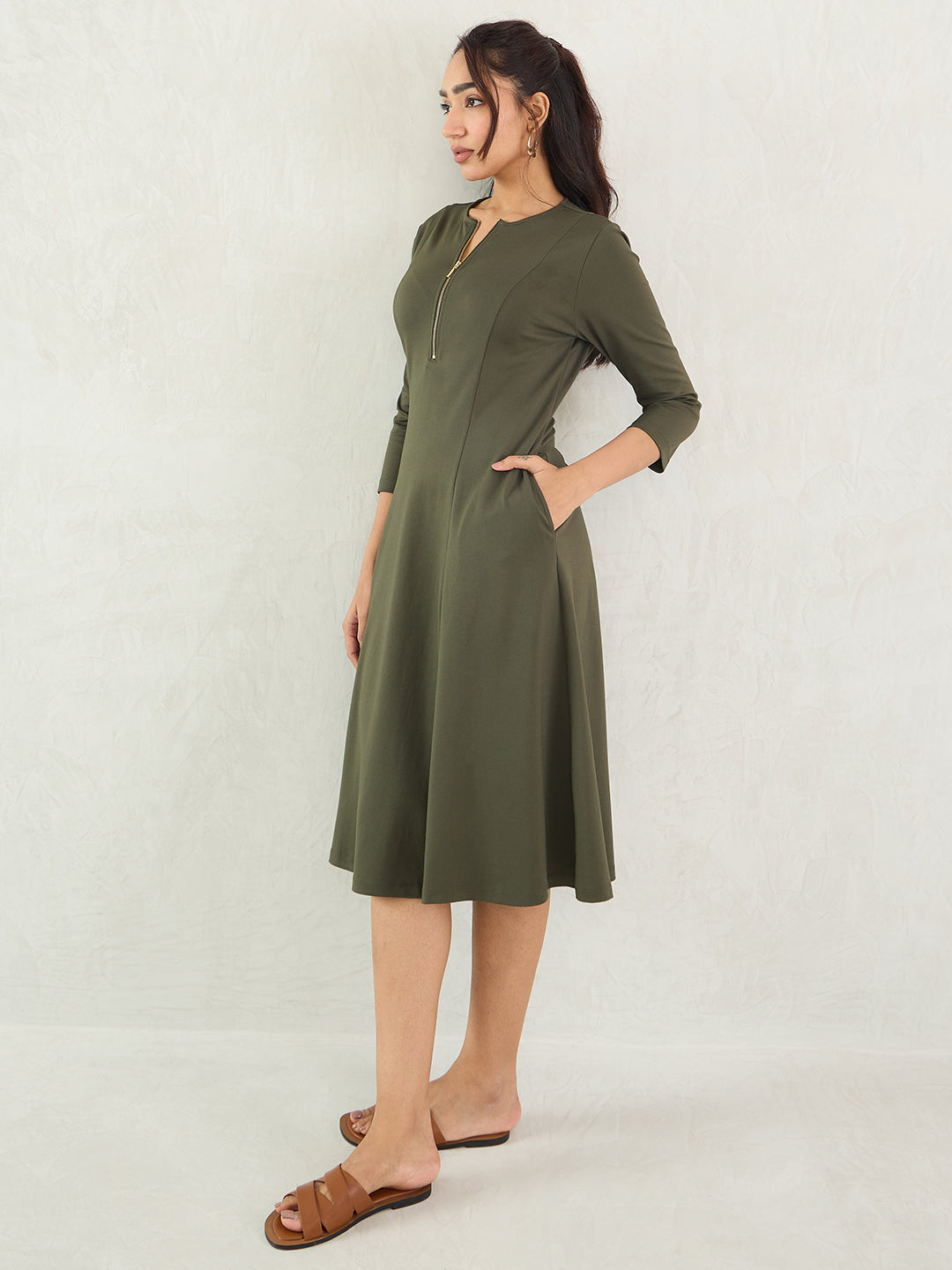 Olive Half Zip Travel Midi Dress