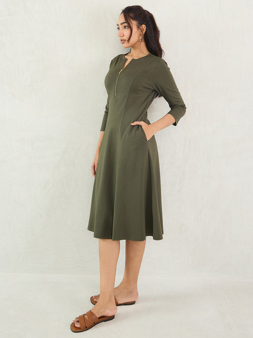 Olive Half Zip Travel Midi Dress