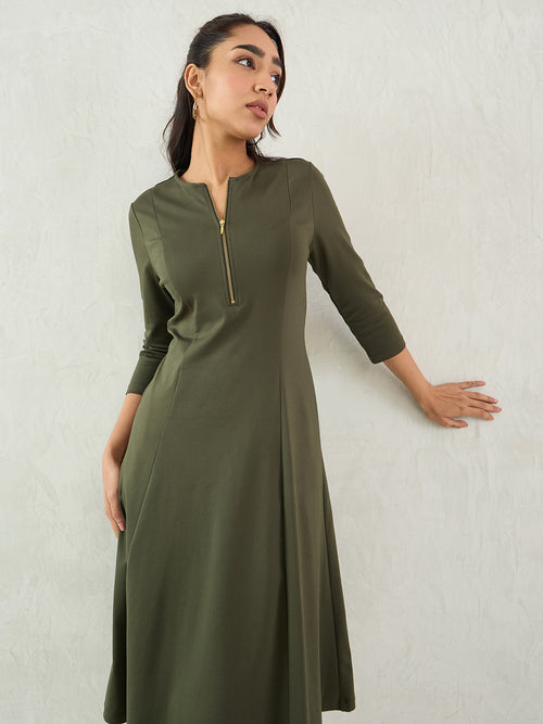 Olive Half Zip Travel Midi Dress