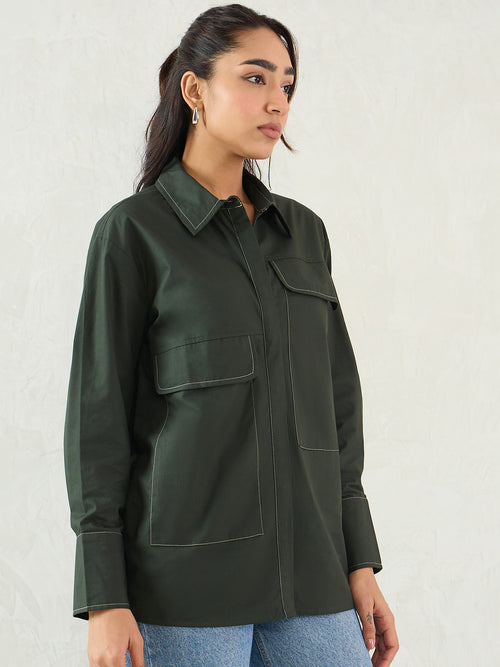 Olive Stitch Detailing Poplin Shirt