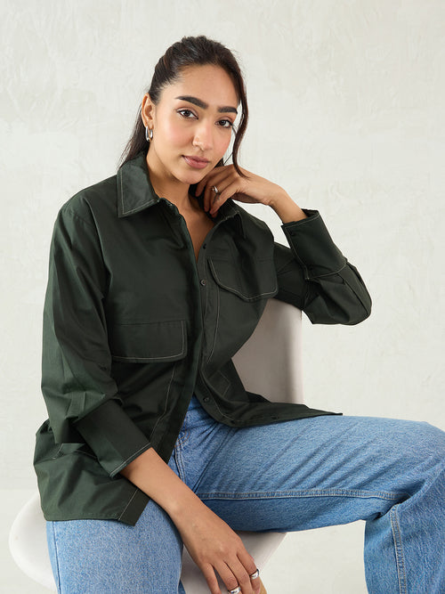 Olive Stitch Detailing Poplin Shirt