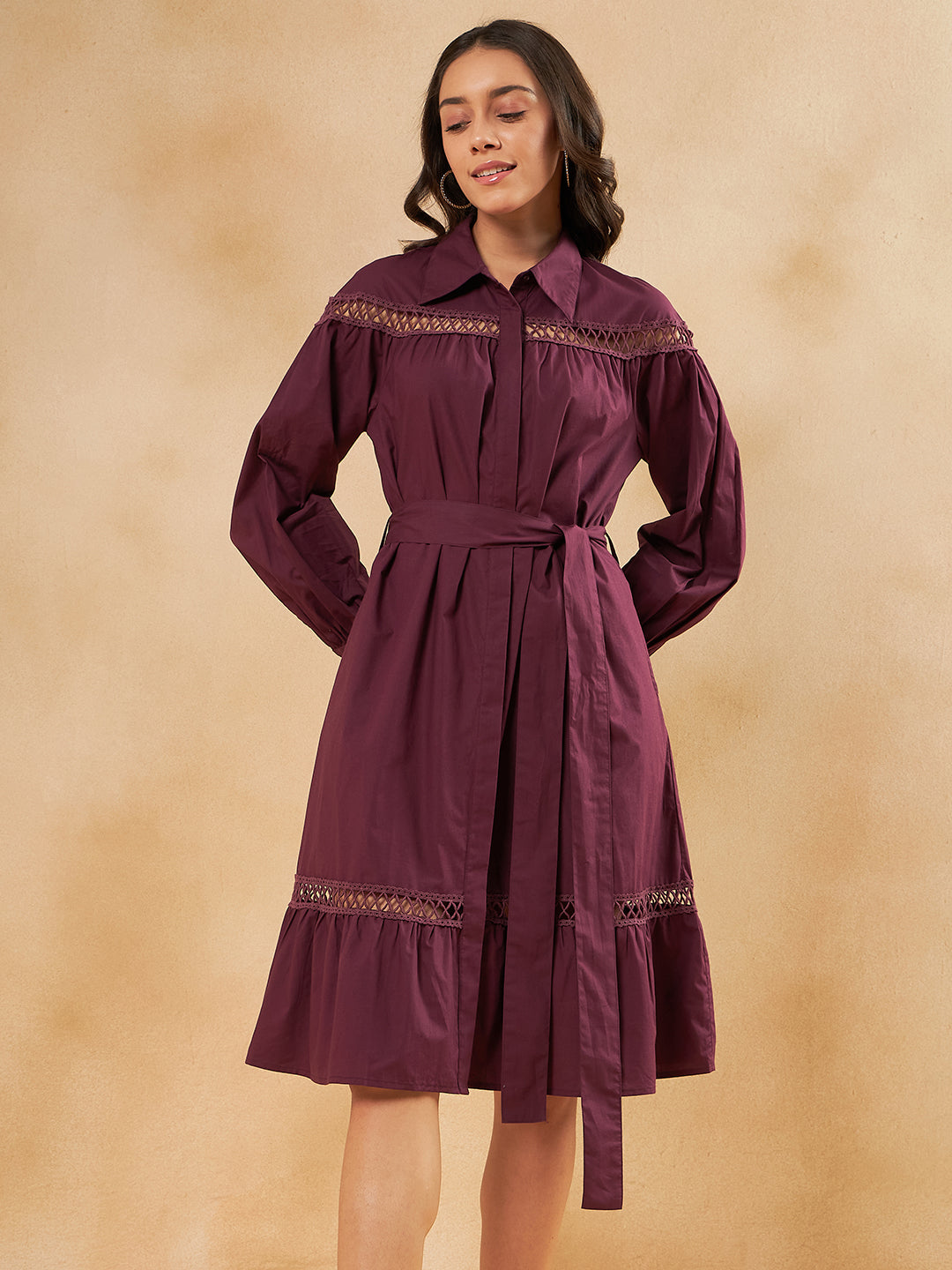 Wine Cotton Poplin Lace Detail Midi Dress