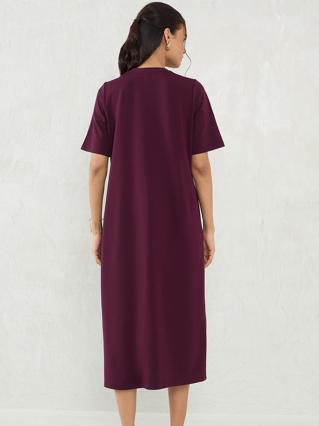 Wine Knit Slit Detail Midi Dress