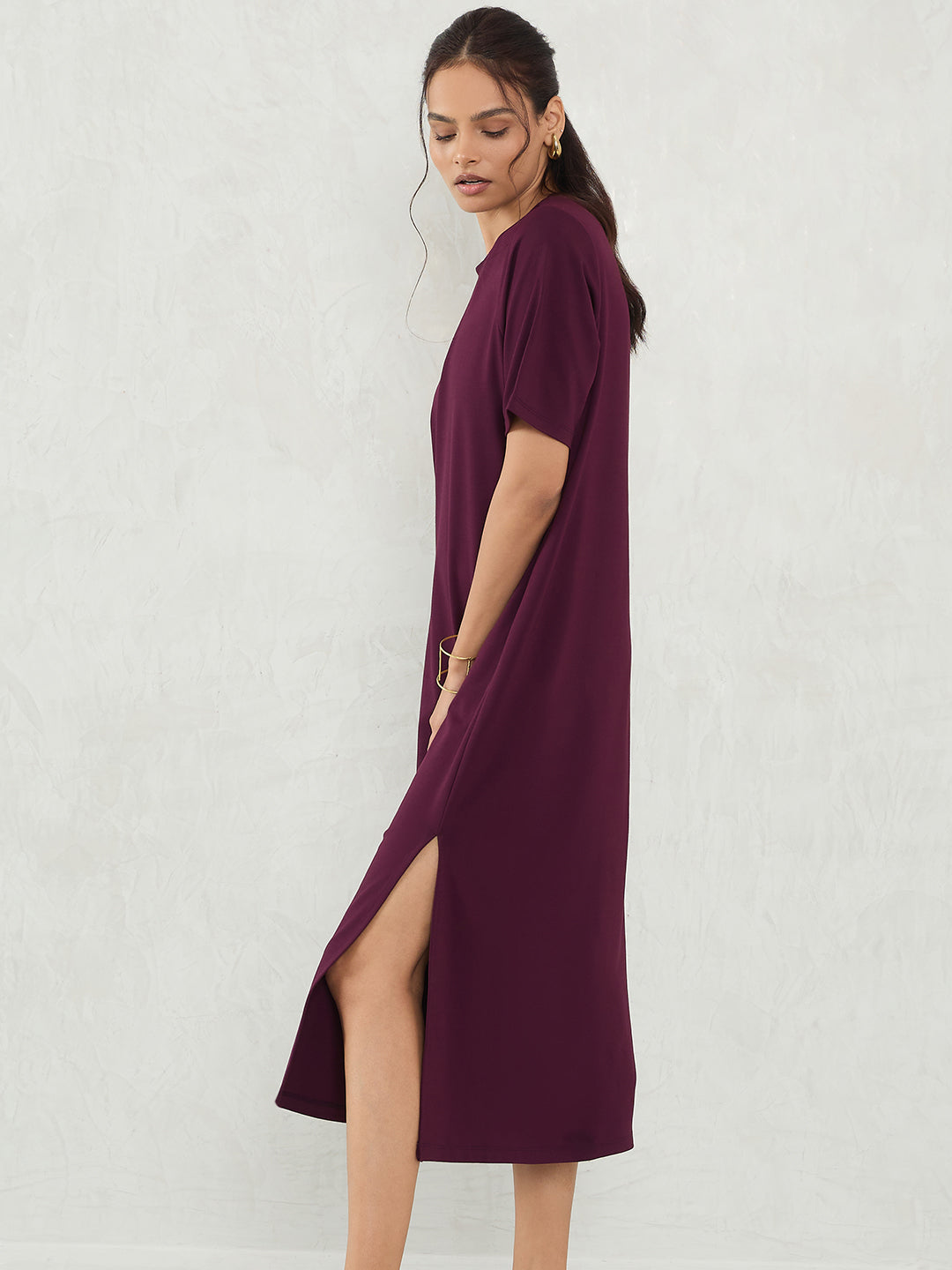 Wine Knit Slit Detail Midi Dress