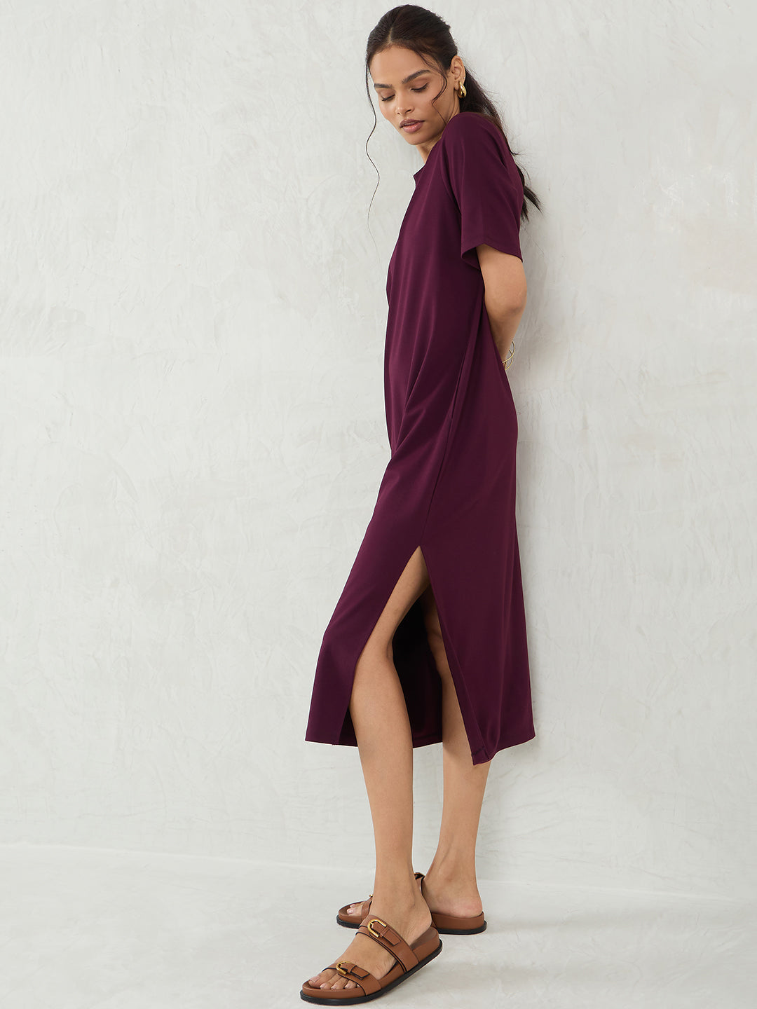 Wine Knit Slit Detail Midi Dress