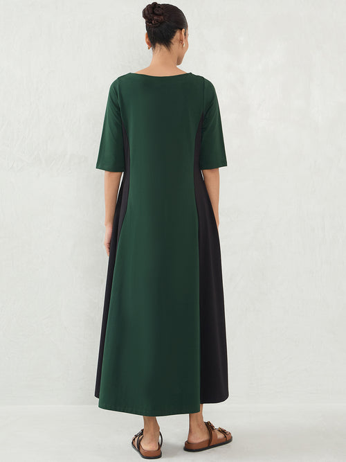 Green And Black Cotton Knit Colorblock Maxi Dress