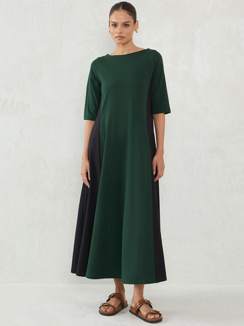 Green And Black Cotton Knit Colorblock Maxi Dress